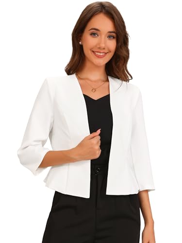 Allegra K Elegant Crop Blazer for Women's Open Front Collarless 3/4 Sleeve Peplum Business Suit Jacket