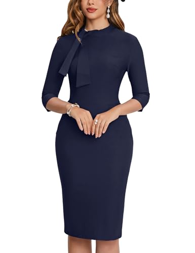 Image of MUXXN Women's Midi Pencil 1950s Vintage Cocktail 3 /4 Sleeve Tie Neck Bodycon Mid-Calf Dress with Pockets
