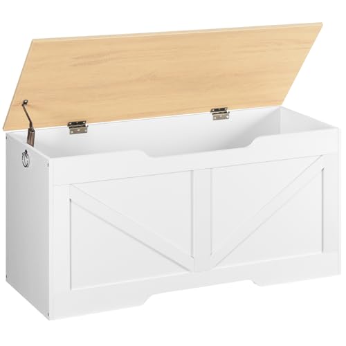 HOOBRO Banco Almacenamiento, Caja Almacenaje Guguetes Vintage Apertura Forma U, Mesa Almacenamiento, Bisagra Seguridad, Caja Juguetes Madera Robusta, Montaje Sencillo, Blanco Madera Natural EWN771CW01