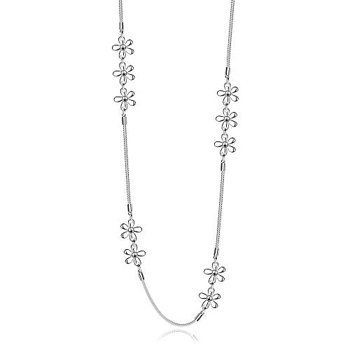 Long Necklaces for Women Long Interlinked Heart Necklace Sets Statement Strand Necklace (flower-silver)