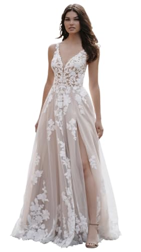 Loyeloy Women's Lace Beach Wedding Dresses for Bride Long 2024 V Neck Aline Slit Boho Bridal Wedding Gowns for brideChampagne 4