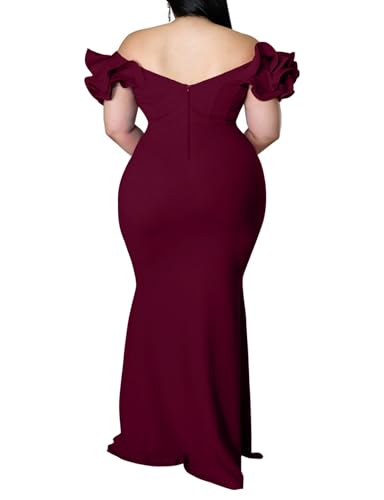 Image of Ekaliy Women's Plus Size Maxi Dress Elegant V-Neck Ruffle Sleeves Bodycon Mermaid Evening Gown