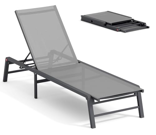 FHVIT Aluminum Chaise Lounge Chair Outdoor, Foldable Patio Lounge Chair Assemble-Free, Pool Lounge Chairs with 5 Adjustable Backrest, Outdoor Lounge Chairs for Outside Poolside Beach Lawn Grey
