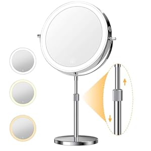 YEADS 2500mAh Lighted Makeup Mirror with Height Adjustable, 10X Double Sided LED Magnifying Mirror, 8.5″ Rechargeable Vanity Mirror with 3 Dimmable Colors, 360° Rotation Touch Screen Makeup Mirror