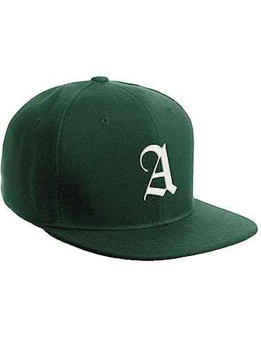 Daxton Classic Snapback Hat Old English Font Alphabet A to Z Flat Bill Visor Cap, Dark Green Hat, White A
