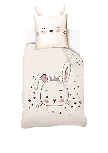 Sahinler Housse de Couette Petit Lapin Mignon Enfant 140x200 cm + Taie d'oreiller 63x63 cm - Parure de Lit 1 Personne - Ecru - 100% Coton 2070252 Petit Single