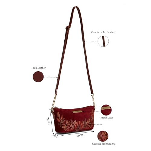 Image of Caprese Siji Tresna Small Sling Bag for Women | Kashida Embroidery Crossbody with Adjustable Strap & Secured Zip Closure | Stylish Handbag for Everyday Use, Travel & Special Occasions