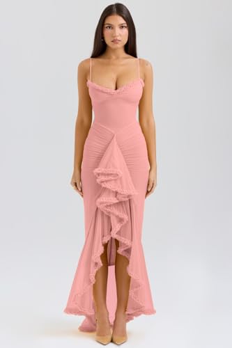 Image of meilun Elegant Mesh Wedding Guest Dress Flowy Ruffle Bodycon Maxi Dress Fishtail Long Formal Dress