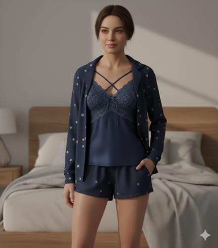 Image of Valentine's Day Fancy Night Suit Bath Robe Dress & Bra Penty Set Combo for Women's Pack of 7 Pcs Nightwear Lingerie Silk Wedding Set Gifts Lace Nightsuit Set (Free Size) Blue
