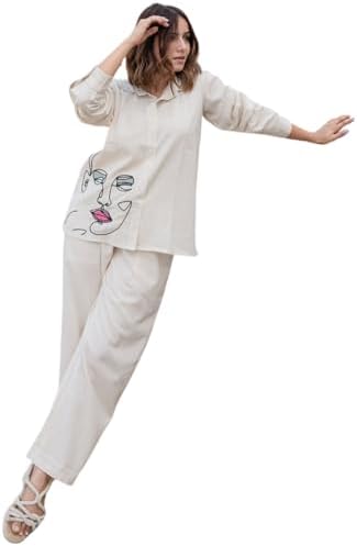 KF KRITVA FASHION Women's Long Pure Khadi Cotton Lace Work Street Cut,off white color, Full Sleeve, Casual Office Wear Stylish Readymade Kurti with Palazzo Pant Set