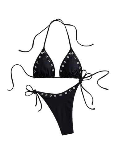 Women's 2 Piece Sexy Micro Bikini Sets Grommet Eyelet Swimsuit Halter Triangle Tie Side Cheeky Bathing Suit