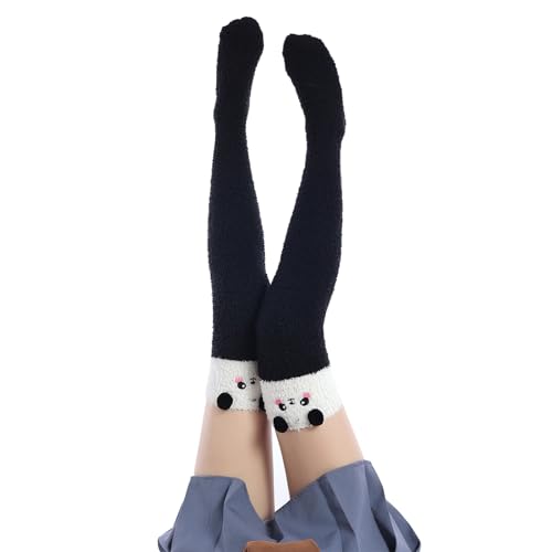 Image of Thigh High Fuzzy Socks Cute Animal Coral Fleece Over the Knee Thigh High Long Stockings Warm Stripe