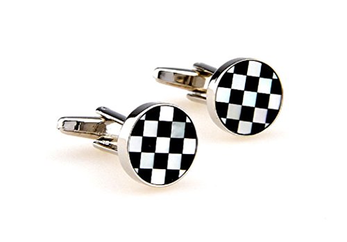 MRCUFF Mother of Pearl Round Black White Check Pair of Cufflinks in a Presentation Gift Box & Polishing Cloth2