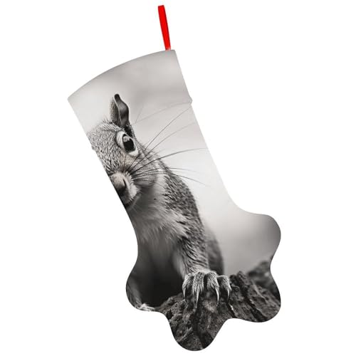 Weihnachtsstrumpf aus Polyester, Pfotenabdruck, hellgrauer Eichhörnchen-Druck, Weihnachtsstrumpf mit Pfotenabdruck, perfekte Urlaubsdekoration und Geschenktüte