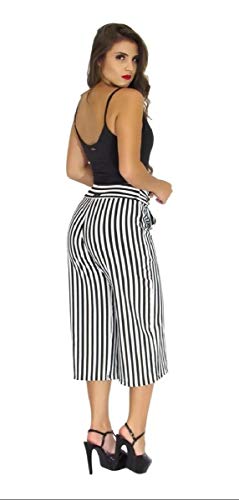 Calça Pantacourt Pantalona Listrada Ou Preta Lisa. (Branco com Preto, G)
