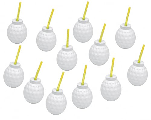Fun Express Golf Party Decorations Cups - 12 Pack Golf Ball Molded 14 oz Plastic Cups with Lids and Straws | Perfect Birthday Party Supplies & Favors for Kids Themed Celebrations & Events