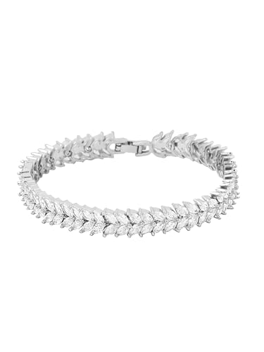 Image of Yellow Chimes Women's Fashion Leaf Shaped Silver Tone White Swiss Zircon Crystal Bracelets Valentine Gift for Girls
