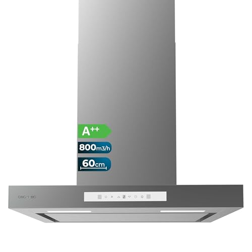 Cecotec Campana Extractora 60cm Tipo T Bolero Flux Tt 608000 Slim Glass White A++. Acabado Acero Inox Succión 800M3/H, Bajo Consumo, Display Táctil, Filtro Carbono, Hand Movement Control
