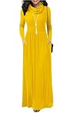 Soinku Women's 2025 Fall Winter Long Sleeve Casual Maxi Dress Cowl Neck Empire Waist Plain Loose Long Dress with Pockets Yellow XL