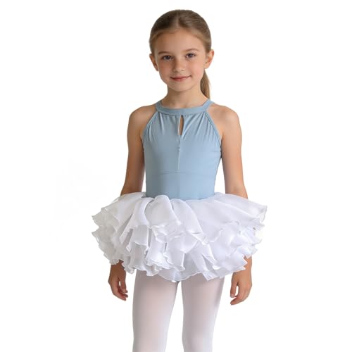 TiaoBug Maillot Gimnasia Ritmica Niña Vestido De Ballet Tutu Baile Princesa Leotardo con Falda Alumna Azul Claro 15-16 años