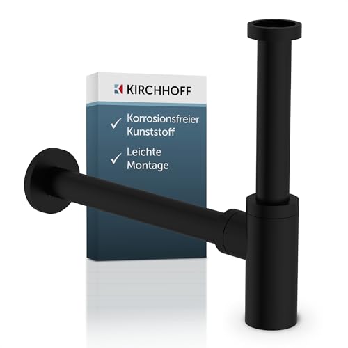 Kirchhoff Design Siphon, Abfluss, Siphon Waschbecken Bad aus korrosionsfreiem Kunststoff, Syphon für Waschbecken und Waschtisch, Geruchsverschluss mit Reinigungsöffnung, 98803828, Schwarz