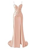 Women's Satin Bridesmaid Dresses for Wedding with Silt Mermaid Formal Evening Gowns Plus Size HLSA231 Rose Gold UK10