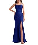 Eittvisy Women's Satin Prom Dresses Long Spaghetti Strap Bridesmaid Dress Elegant Mermaid Evening Gowns with Slit Royal Blue