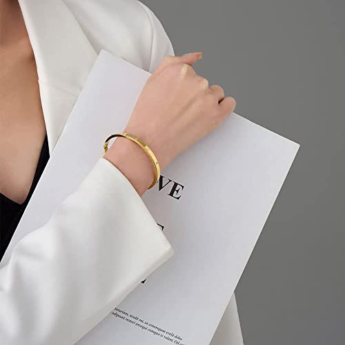 Myneney Rose Gold/Gold/Silver Titanium Stainless Steel Pave Cubic Zironia Simulate Diamond Stackable Oval Hinged Bangle Bracelet 6.5-7.5Inch (4Mm-Crystal Gold, 6.5 Inch) #TOP1