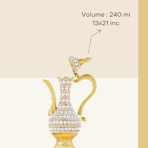 Steel Water Bottle Pitcher with Zirconia Stones | Handmade Metal Carafe Water Tea Coffee Jug Vintage Bottle | Turkish Ottoman Zamzam Pitchers (240 ML / 8.1 Oz, Pearl and Zirconia, Gold Color)