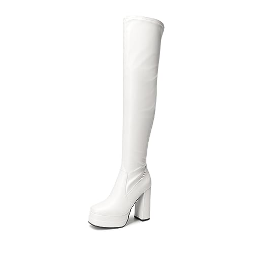 DREAM PAIRS Women's Platform Over The Knee Thigh High Boots Chunky High Heels Square Toe Long Fall Y2K Gogo Boots 7.5 White