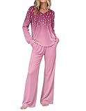 Ekouaer Womens Pajama Sets Two Piece Lounge Set Fall Winter Pajamas Long Sleeve Pjs Top and Pants Soft Pleated V Neck Sleepwear Purple/Leaf, Medium