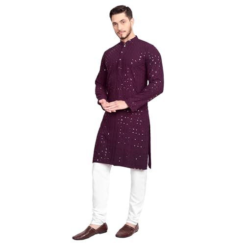 Image of Rayon Ethnic Wear Full Chikankari Sequin Embroidery Mirror Work Traditional Straight Kurta Pyjama Set for Men