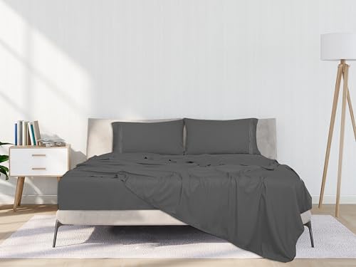 Image of ROYALE LINENS 4 Piece King Sheets Set - Soft Brushed 1800 Microfiber Bedding - 1 Fitted and 1 Flat Sheet, 2 Pillow Cases - Wrinkle Free & Fade Resistant - Hotel Luxury Bed Sheets Set (Grey, King)