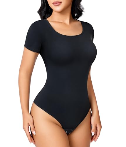 Junlan Women Shapewear Bodysuit Thong Shaping Tank Tops Tummy Control Full Body Shaper Jumpsuits Short Sleeve T-Shirt