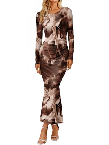 Trendy Queen Women's Bodycon Maxi Dress Long Sleeve Floral Print Tight Party Club Dresses