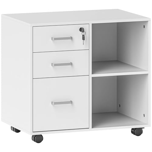HOMCOM Support d'imprimante à 3 tiroirs verrouillables Meuble de Rangement sur Roues Caisson de Bureau avec étagères Ouvertes 60 x 40 x 56 cm Blanc