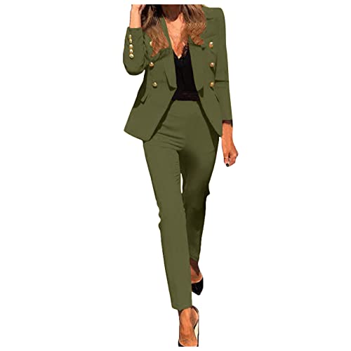 Women's Two Piece Set Double Breasted Open Front Long Sleeve Blazer and Elastic Waist Solid Pant Outwear Casual Suit (Army Green-8#, XXL)3