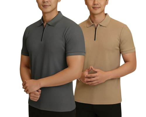 Image of MACK JONNEY Men's Cotton Self Design Polo T-Shirts | Front Half Zipper | Pack of 2 | Multicolour