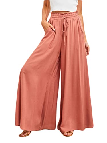 Osheoiso Pantalon Femme Élégant Pantalon Couleur Unie Taille Elastique Grande Taille Casual Pantalon en Coton et Lin Léger Élastique Culotte Bouffante pour Eté A Orange Rouge L