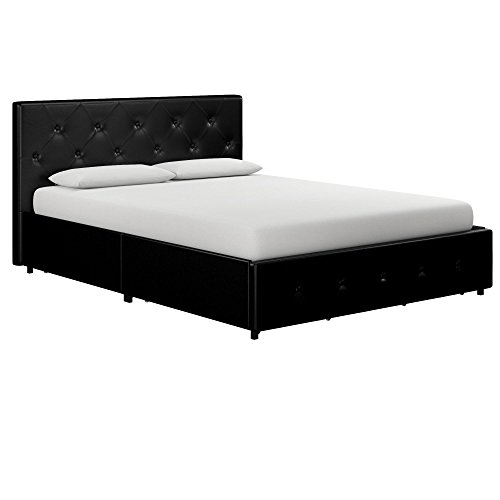Dhp Dakota Upholstered Platform Bed With Underbed Storage Drawers And Diamond Button Tufted Headboard And Footboard, No Box Spring Needed, Queen, Black Faux Leather #TOP3