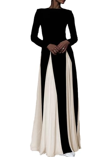 Wedding Guest Dresses for Women Elegant Long Sleeve Patchwork Pleated Swing Long Dress Formal Maxi Dress