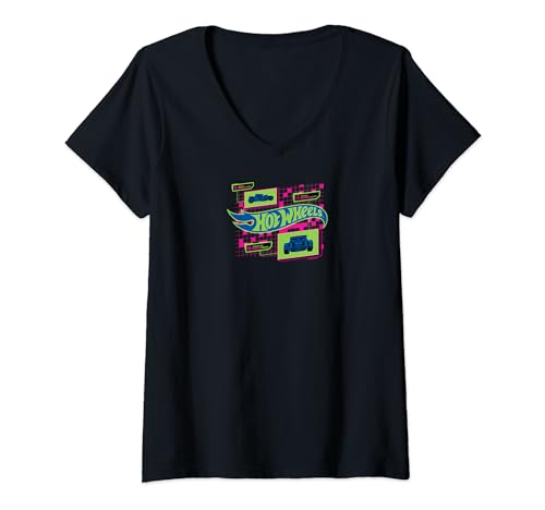 Mujer Hot Wheels - Bonecrusher Car Gamer Grid Flaming Logo Camiseta Cuello V