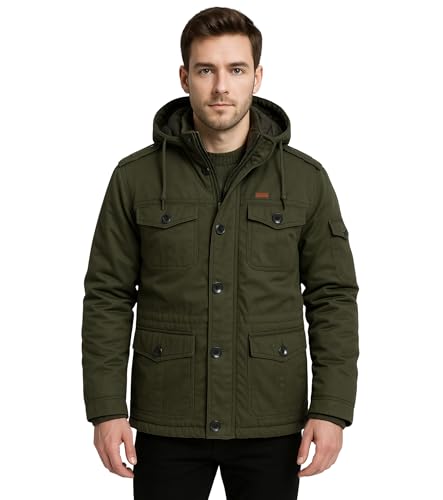 Image of L'MONTE Men's Heavy-Duty Winter Jacket - Cotton Outdoor Coat with Fleece Lining, Detachable Hood, and Multi-Pockets - Warm, Windproof & Stylish for Cold Weather