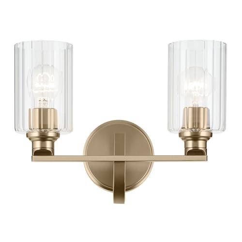 Image of Kichler Gioe 2-Light Vanity Light Fixture 14.25 inch Bathroom Light with Clear Fluted Glass in Champagne Bronze for Bathroom Vanity Over Mirror (14.25 inch W x 10.5 inch H), 55225CPZFLU