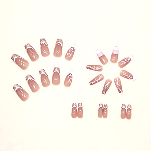 French Tip Press On Nails Medium Ballerina Fake Nails With Pink Heart Star Glitter Novel Design Glue On Nails Acrylic Nails Decoration False Nails With Glue Glossy Nails For Women Girls 24Pcs #TOP2