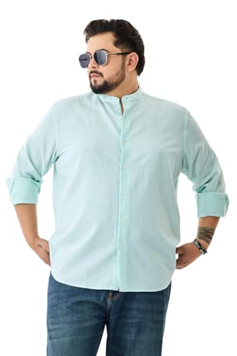 Image of SNITCH Men Casual Plus Size Shirt | Regular Fit Full Sleeve Mandarin Collar Striped Design | Premium Cotton Linen Blend & Breathable Fabric for Office & Everyday Wear