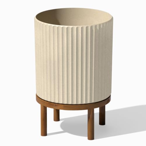 Image of Veradek Demi Series Round Planter w / Stand for Porch /Patio | Durable Plastic-Concrete & Wooden Stand | Modern Decor for Tall Plants, Flowers