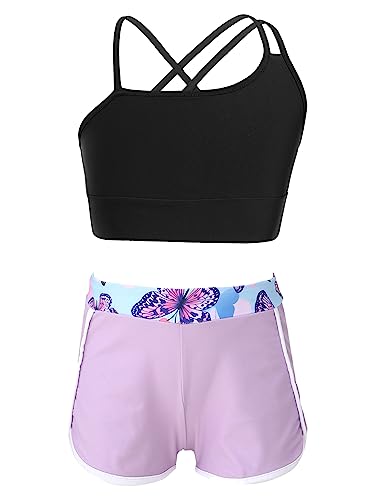 Hansber Kids Girls 2 Piece Gymnastics Dance Sport Outfits Crop Top with Shorts Active Set Athletic Dancewear Swimwear