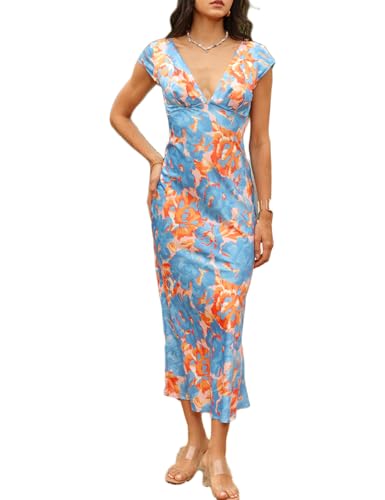 Halfisland Womens Summer Satin V Neck Cap Sleeve Backless Maxi