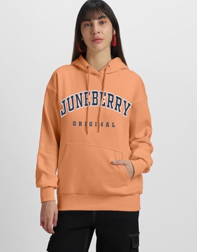 Image of JUNEBERRY Fleece Oversized Baggy Fit Hooded Sweatshirt Drop Shoulder Typographic Logo Printed Full Sleeve Hoodie for Women (Availabe Colors: Copper Tan, Rust & Red)
